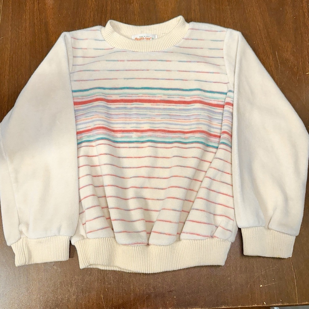 Vintage Health-tex Girls Sweatshirt Cream Pastel Striped USA Made Size 5 *READ